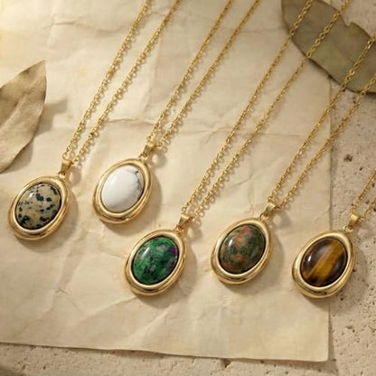 Colorful Natural Stone Necklaces for Women Trendy 14K Gold Plated Oval Gemstone Pendant Statement Necklace Jewelry Gifts for Women - color: Brown