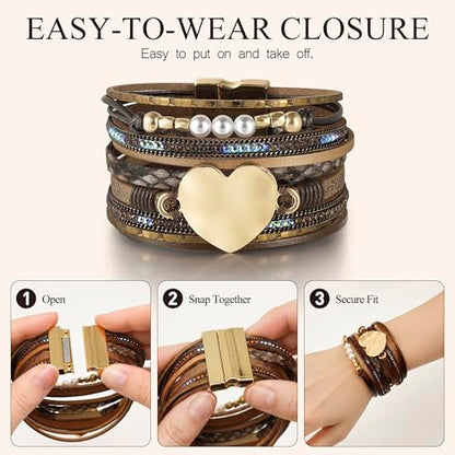 Edoneery Leather Wrap Bracelets for Women, Boho Layered Cuff Bangle | Multi-layer Leather Cuff, Daily wear, Stackable Bangle, Easy on-off, Western Jewelry Gifts for Women - color: Brown-1