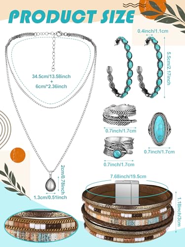 Ecally Bohemian Western Jewelry Turquoise Set Women Country Pendant Long Choker Layered Bracelets Earrings Ring for Women - color: Turquoise, style: Classic