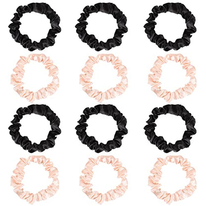 12 Pcs Satin Scrunchies For Women Girls, Silk Hair Ties | Soft Satin Fabric, Gentle Hold, Stretch Elastic Band, 6 Blush + 6 Black, For Daily Wear, Sleep, Parties, Gifting - color: 12Pcs Black+Blush