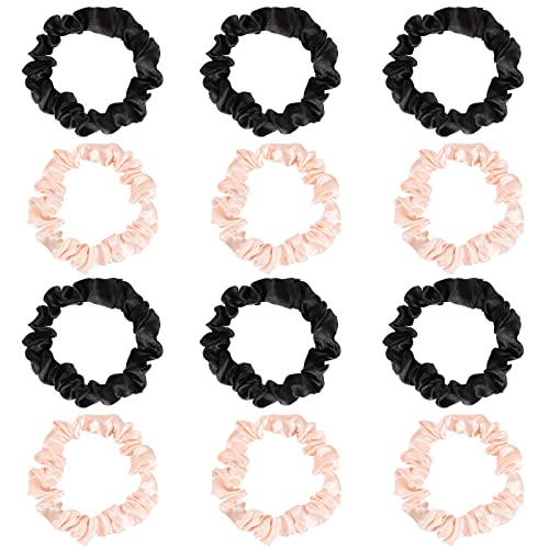 12 Pcs Satin Scrunchies For Women Girls, Silk Hair Ties | Soft Satin Fabric, Gentle Hold, Stretch Elastic Band, 6 Blush + 6 Black, For Daily Wear, Sleep, Parties, Gifting - color: 12Pcs Black+Blush