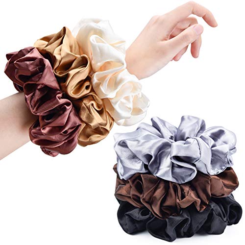 Brown Black Big Satin Scrunchies for Women 6.3Inches Large Scrunchie Coffee Satin Oversized Thick Elastic Hair Ties Jumbo Hair Scrunchies 6 Pack (black,coffee, champagne,brown,grey,dark brown) - color: Black, Coffee, Champagne, Brown, Grey, Dark Brown, si