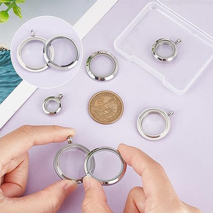 UNICRAFTALE 4Pcs 4 Sizes Living Memory Stainless Steel Crystal Photo Frame Locket Pendants Flat Round Floating Charm with Glass DIY Accessories for Jewelry Necklace Making
