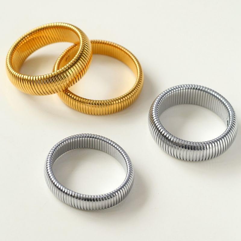 Gold Chunky Stretch Snake Chain Bangle Bracelets Stack for Women Trendy, 18K Gold Filled Stainless Steel Stretchy Womens Stackable Wristband Bangles Bracelet Set - style: SILVER 16MM 2PCS