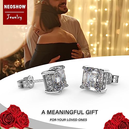 Asscher Cut Cubic Zirconia Stud Earrings for Men Women | Square CZ Simulated Diamond Studs, 18K White Gold Plated Sterling Silver - color: White Gold, size: 8MM