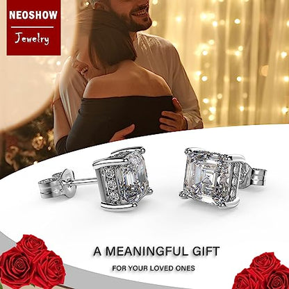 Asscher Cut Cubic Zirconia Stud Earrings for Men Women | Square CZ Simulated Diamond Studs, 18K White Gold Plated Sterling Silver - color: White Gold, size: 5MM