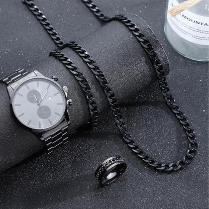 NEWITIN 4 Pieces Black Jewelry Set for Men Stainless Steel Watch Necklace Bracelet Ring Fashion Black Wristwatch Cuban Link Chain Cuban Jewelry Set for Men - color: Black