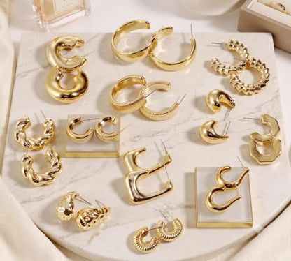 12 Pairs Chunky Gold Hoop Earrings Set for Women | Thick tube hoops, teardrop shapes, ribbed and twisted textures, hammered finish, lightweight trendy everyday jewelry set