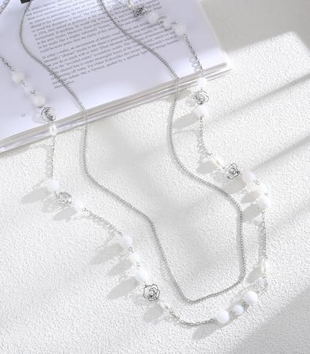 FULU AUTUMN Long Layered Silver Necklaces for Women - Natural Stone and Dainty Flower Beaded Sweater Chain Fashion Jewelry Gifts - color: White