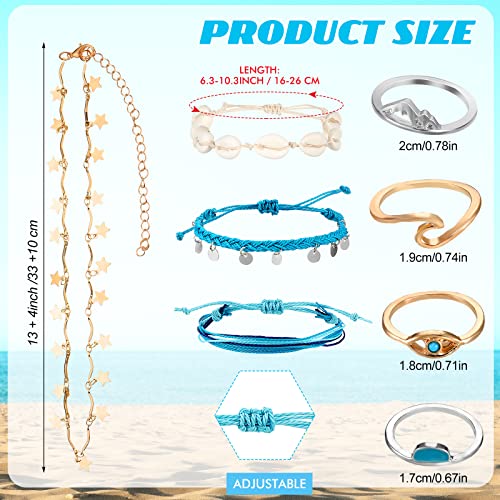Batiyeer 60 Pcs Boho Surfer Wave Bracelet and Necklace Set for Women, Summer Beach Y2k Layered Choker Anklets Knuckle Rings - style: Fresh