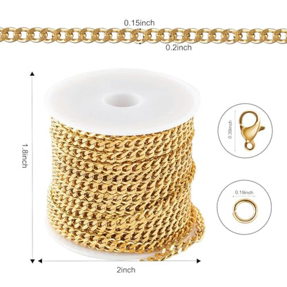 Kyutong 16.4 Feet Gold Plated Craft Chains for Jewelry Making | 304 Stainless Steel Curb Chain Roll for Women Men Necklace Bracelet DIY Supplies Findings - color: Gold Curb
