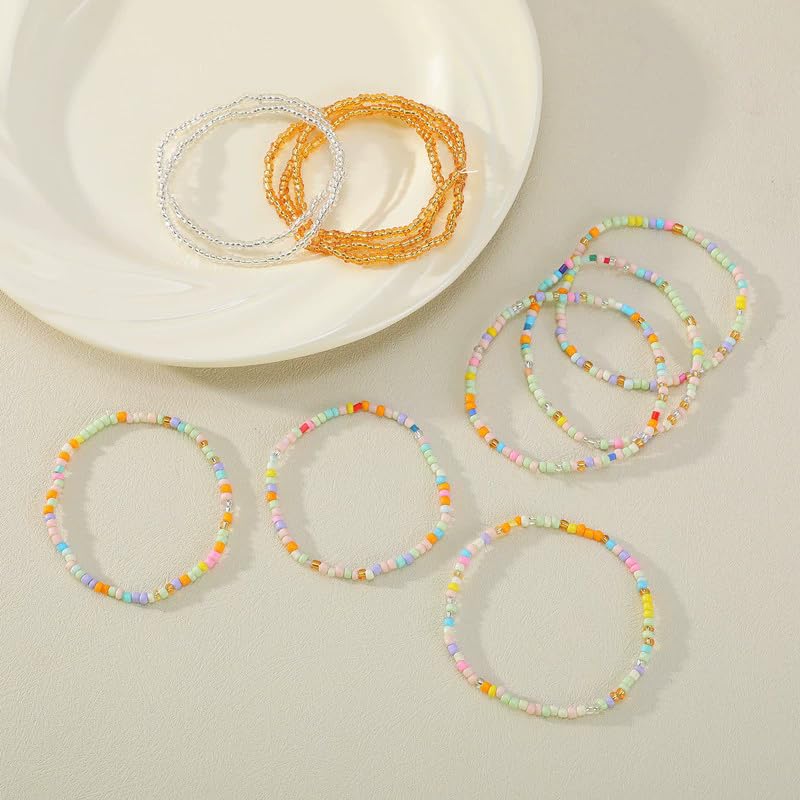 8-20Pcs Colorful Bohemia Seed Beaded Bracelets Handmade Adjustable Stackable Rainbow Beads Stretch Bracelets Anklet Multilayer Vacation Elastic Bangle for Women Summer Beach Boho Jewelry Gift - style: 11pcsA