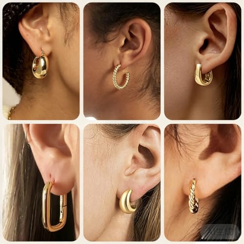 6 Pairs 14K Gold Plated Hoop Earrings Set for Women - Chunky Geometric & Twisted Huggie Hoops, Hypoallergenic Lightweight Earrings Bundle, Trendy Stackable Jewelry for Everyday Wear
