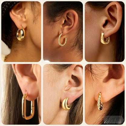 6 Pairs 14K Gold Plated Hoop Earrings Set for Women - Chunky Geometric & Twisted Huggie Hoops, Hypoallergenic Lightweight Earrings Bundle, Trendy Stackable Jewelry for Everyday Wear