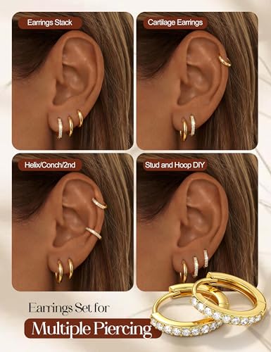 Tungary Small Gold Hoop Earrings for Women Huggie CZ Hoops Earring Stacks | Hypoallergenic Earing Hoops for Sensitive Ears, Earrings Stack Set for Cartilage, Secure Clasp, Silver/Black/14K Gold Plated - color: 14K Gold-Plain & CZ Huggies