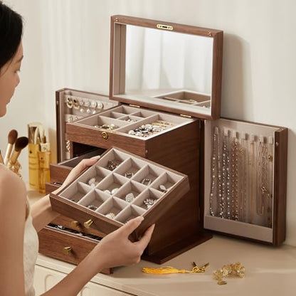CHOSIN Black Walnut Wooden Jewelry Box for Women with Lock, Mirror, 6 Layer | Lockable wity Key, 5 Drawers, 2 Side Doors, Large Storage for Necklaces, Earrings, Rings, Watches, Brooches, Women Gifts - size: 6 Layer - Full Lock