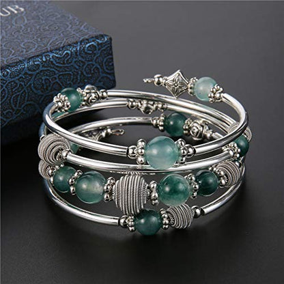 PEARL&CLUB Beaded Chakra Bangle Turquoise Bracelet - Fashion Jewelry Wrap Bracelet with Thick Silver Metal and Mala Beads, Birthday Gifts For Women - color: Jade Green