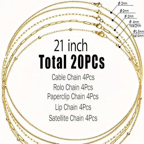 20Pcs (5 Styles) Stainless Steel Chains for Jewelry Making (G-21in) | Bulk Silver & Gold Plated Chains, Satellite, Paper Clip, Lip, Rolo, Cable, Jewelry Making - color: Gold Plated (21 inch)