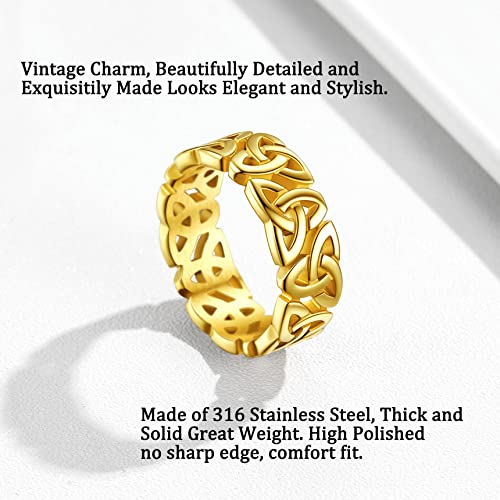 Bestyle Celtic Knot Band Rings for Men Women, Stainless Steel Irish Finger Ring Viking Wedding Bands Jewelry Gift Wedding Promise Gold Silver Black - color: 03.Gold