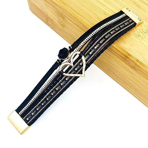 Womens Love Heart Leather Wrap Bracelet Multi-layer Stacked Bangle | Magnetic Clasp Soft PU Leather Resin Stone Rhinestone Boho Style Birthday Valentine Christmas Bohemian Jewelry Gift - color: Black