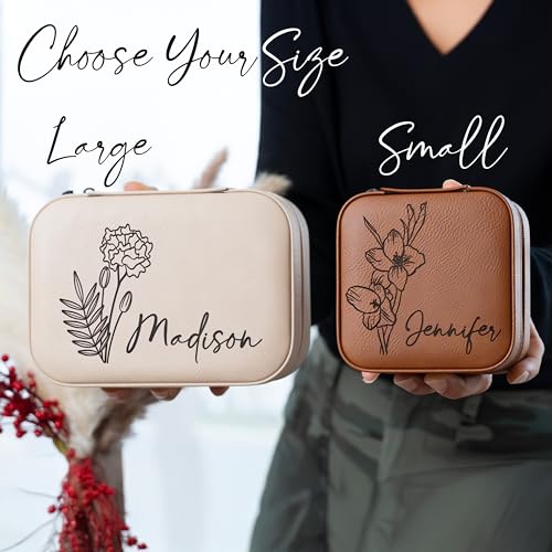 Custom Leather Jewelry Box w/Name & Birth Flower Month - Birthday Gifts for Women, Personalized Jewelry Travel Case - Customized Jewelry Organizer Box, Mom Birthday Gifts - Rustic - color: Rustic