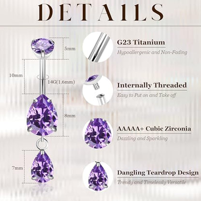 14G G23 Pure Titanium Dangle Belly Button Ring for Women Dangling CZ Navel Ring Teardrop Curved Barbell Belly Rings Internally Threaded Belly Piercing Jewelry - color: Purple