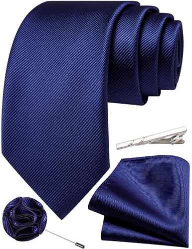 Solid Color Tie and Pocket Square with Tie Clip Lapel Pin Silk Formal Necktie Set Wedding Formal - color: Navy