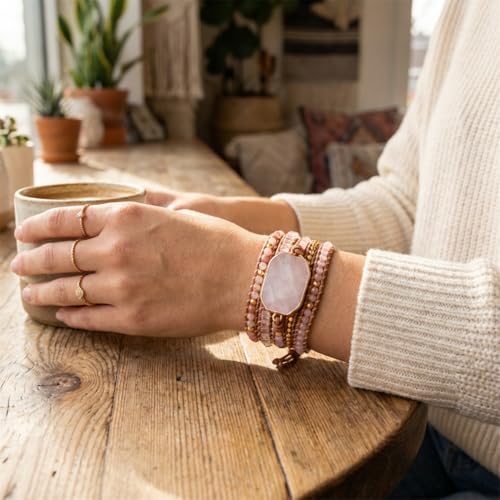 YGLINE Boho Handmade Natural Stone Wrap Bracelets Jasper Crystal Beads Bracelet Jewelry - color: pink crystal
