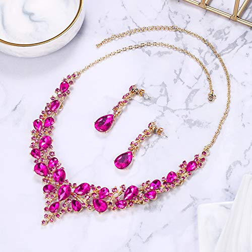 Women's Wedding Statement Necklace Dangle Earring Jewelry | Austrian Crystal Teardrop Cluster,Necklaces Earrings Set for Bride Bridesmaid,Prom Accessories - color: 15-Fuchsia Gold-Plated-Base