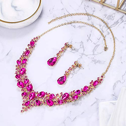 Women's Wedding Statement Necklace Dangle Earring Jewelry | Austrian Crystal Teardrop Cluster,Necklaces Earrings Set for Bride Bridesmaid,Prom Accessories - color: 15-Fuchsia Gold-Plated-Base