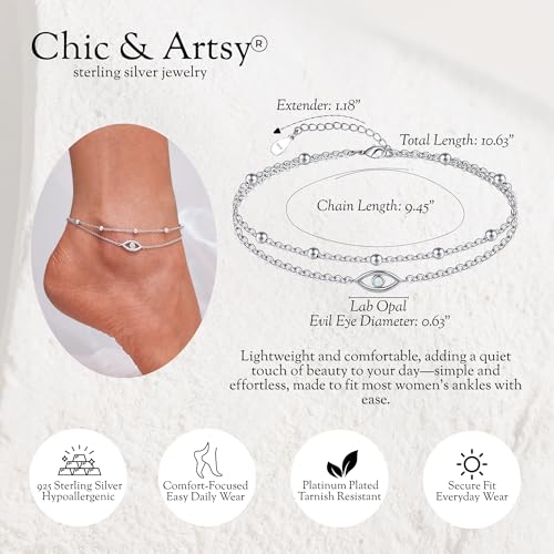 CHIC & ARTSY 925 Sterling Silver Ankle Bracelets for Women, Adjustable Layered Foot Chains with Nature & Symbol Charms, Lightweight Comfort Fit Boho Beach Everyday Jewelry - color: Evil Eye/silver