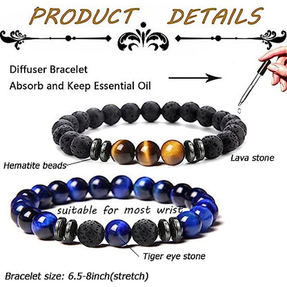 MOZAKA 12Pcs 8mm Natural Stone Lava Rock Beaded Bracelets for Men Women Tiger Eye Hematite Black Onyx Matte Beads Essential Oil Diffuser Lava Stone Bead Bracelets Bulk