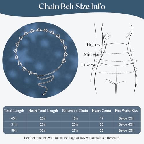 Chain Belt for Women Fashion Metal Waist Chain Belt for Dress Jeans - size: Fit Waist Up to 55'', style: Silver-heart