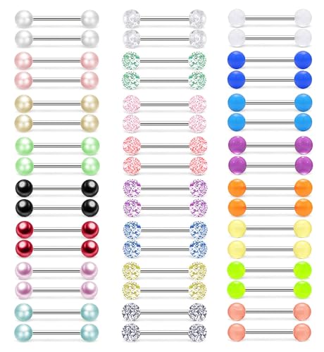 48Pcs 14G Glow in Dark Flexible Stainless Steel Straight Tongue Barbell Nipple Ring Retainer Piercing Jewelry for Women Men 16mm Bar