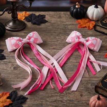 2PCS Pink Ghost Hair Bow Clips 7.1" Long Tail Ribbon Streamers | Grosgrain Ribbon, Sparkling Sequin Strands, Lined Alligator Clip, Holiday Ponytail Styling, Photography Accents - color: Pink Ghost