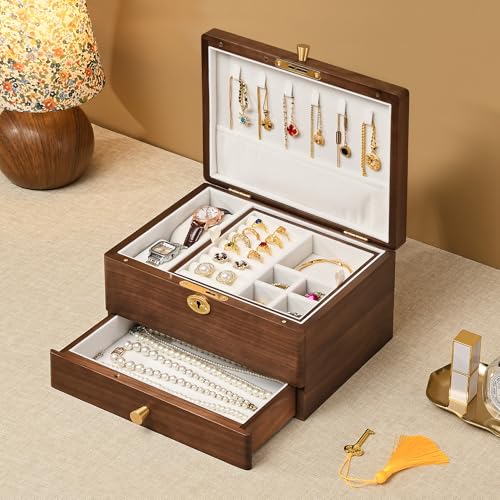 Black Walnut Wooden Lockable Jewelry Box, 3 Layer Organizer for Women | Solid Wood, Drawer, Removable Tray, Lock Key, Necklace Ring Earrings Watch Bracelet Case, Handcrafted, Gifts for Mom, Wome - color: 3 Layer Full Lock