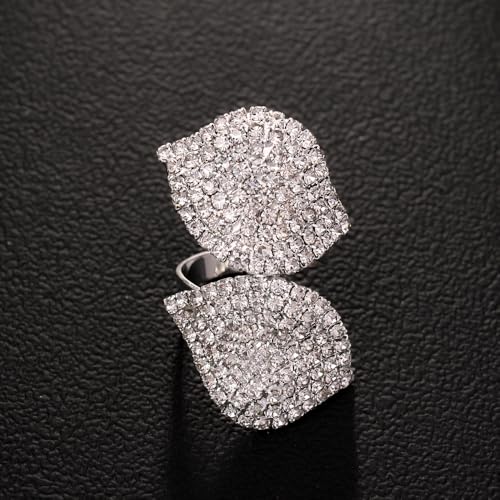 Paved CZ Leaf Statement Open Ring for Women - Sparkle Crystal Leaves Adjustable Wrap Finger Band Bridal Wedding Engagement Promise Eternity Rings Exaggerated Exquisite Cocktail Party Jewelry for Bride - color: Silver