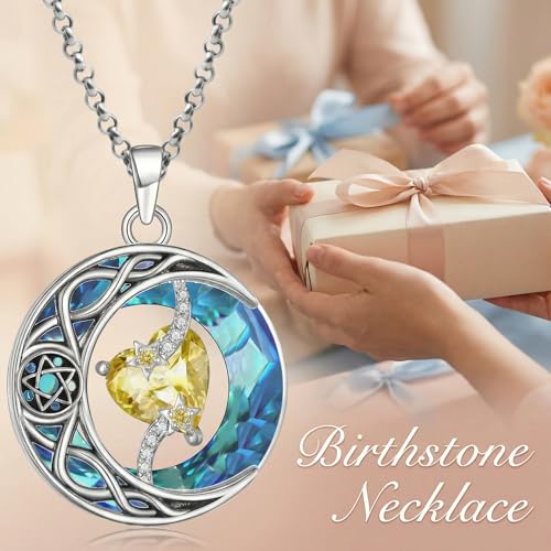 ONEFINITY Moon Star Necklace 18K White Gold Plated Celtic Moon Birthstone Pendant Necklaces Heart Birthstone Anniversary Birthday Jewelry Gifts for Women Wife Mom - style: November