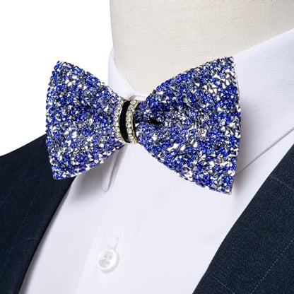 DiBanGu Mens Rhinestone Bow Tie with Ring and Lapel Pin Set | Adjustable Strap,Pre-tied Style,3PCS,Sequin Diamond Bowties，Solid/Mix Color,Shiny Accessory,for Party Prom Banquet Wedding - color: Blue and Silver