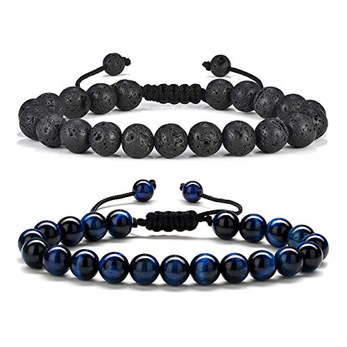 M MOOHAM Mens Bracelet - Beaded Natural Stone 8mm Tiger Eye Matte Agate Lava Rock Bracelets for Men Teen Boys Grandpa Dad Birthday Gifts Jewelry - style: Lava Rock&Blue Tiger Eye Bracelets