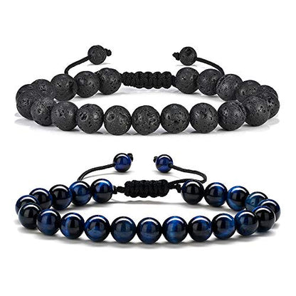 M MOOHAM Mens Bracelet - Beaded Natural Stone 8mm Tiger Eye Matte Agate Lava Rock Bracelets for Men Teen Boys Grandpa Dad Birthday Gifts Jewelry - style: Lava Rock&Blue Tiger Eye Bracelets
