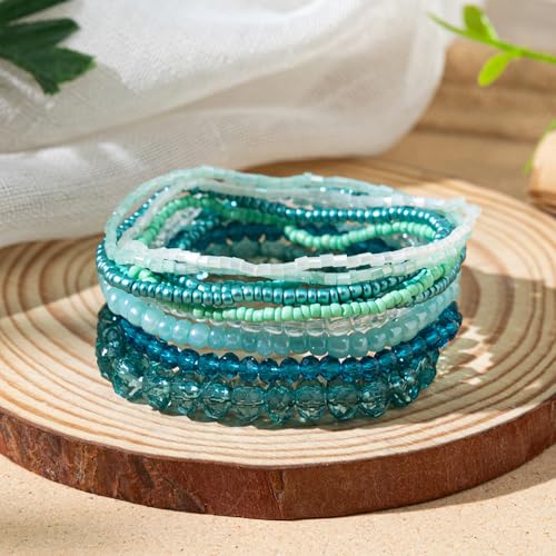 Bohemian Colorful Crystal Glass Beads Seed Beaded Bracelet Handmade Adjustable Stackable Elastic Strand Bangle for Women Summer Beach Hawaii Boho Wristbands Jewelry - color: lake blue