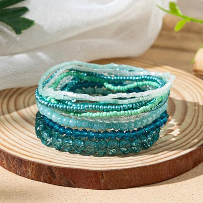 Bohemian Colorful Crystal Glass Beads Seed Beaded Bracelet Handmade Adjustable Stackable Elastic Strand Bangle for Women Summer Beach Hawaii Boho Wristbands Jewelry - color: lake blue
