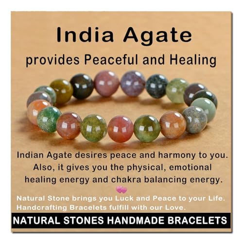 AD Beads Handmade Gemstone Stretch Elastic Bracelet Crystal Healing Reiki Nature's Beauty and Spiritual Essence Unisex (12mm, Indian Agate) - color: Indian Agate, size: 12mm
