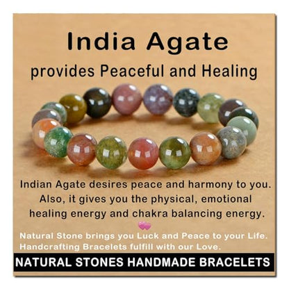 AD Beads Handmade Gemstone Stretch Elastic Bracelet Crystal Healing Reiki Nature's Beauty and Spiritual Essence Unisex (12mm, Indian Agate) - color: Indian Agate, size: 12mm