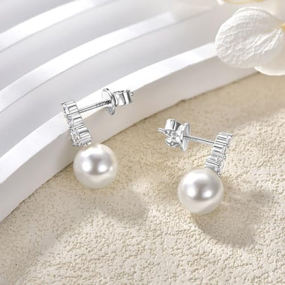 925 Sterling Silver Pearl Drop Earrings for Women, June Birthstone Long Dangle Pearl Jewelry Gifts for Her - color: 7.5-8mm Silver