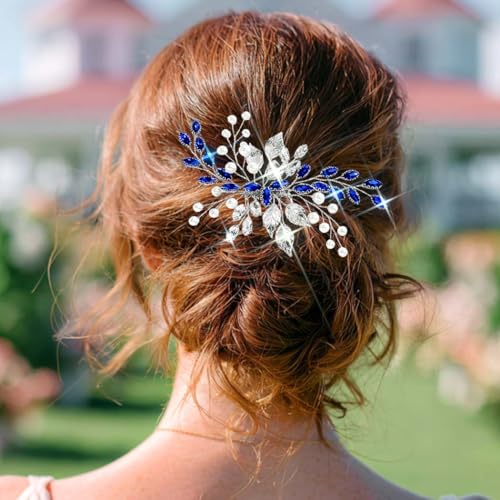 Unsutuo Navy Blue Rhinestone Hair Comb Saffire Crystal Hair Pieces Pearl Wedding Hair Accessories for Women and Girls