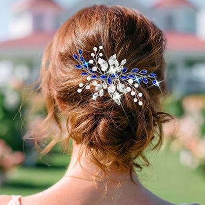 Unsutuo Navy Blue Rhinestone Hair Comb Saffire Crystal Hair Pieces Pearl Wedding Hair Accessories for Women and Girls