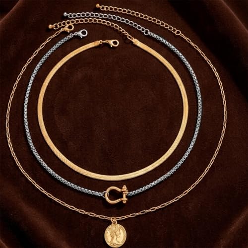 QCWN Gold Layered stacked Necklaces for women 3PS Chunky Statement Necklaces Stack Mixed Metal Charm Necklace for Women Trendy Coin Jewelry Gift for Her Gifts - style: Layered stack 15