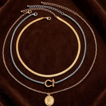 QCWN Gold Layered stacked Necklaces for women 3PS Chunky Statement Necklaces Stack Mixed Metal Charm Necklace for Women Trendy Coin Jewelry Gift for Her Gifts - style: Layered stack 15